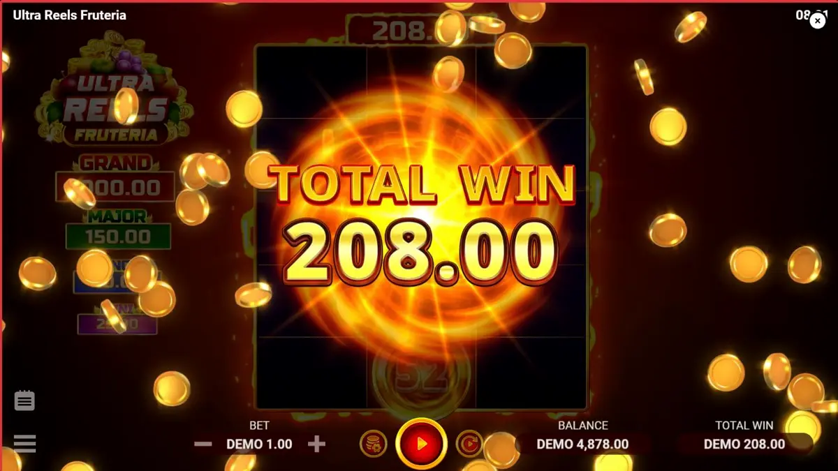 Tampilan visual slot Ultra Reels Fruteria dengan simbol buah berwarna cerah dan latar belakang karnaval.